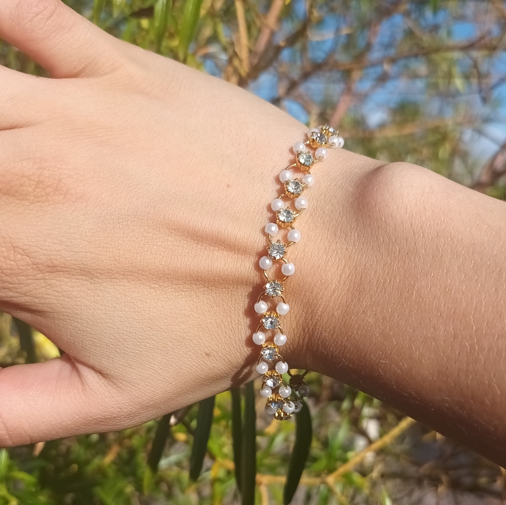 Elegant Gold Tone CZ and Pearl Bracelet